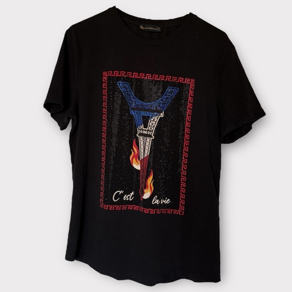 Rare Laverita Rhinestone Eiffel Tower Crew Shirt Graphic T-Shirt Black Large